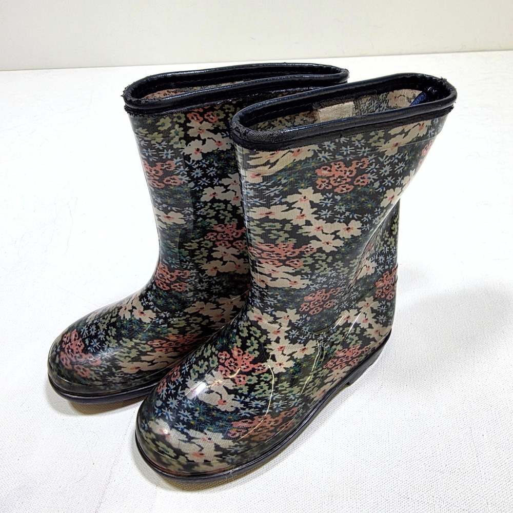 Carter's Rain Boots Girl 12 Black Floral Waterproof Rubber Puddle Jumper Shoes
